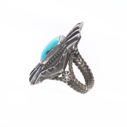 sz8.5 c1930's Vintage Navajo Chiseled/stamped sterling silver turquoise ring