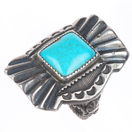 sz8.5 c1930's Vintage Navajo Chiseled/stamped sterling silver turquoise ring