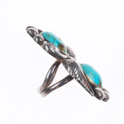 sz7 Large vintage Navajo sterling silver two stone turquoise feather ring