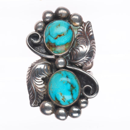 sz7 Large vintage Navajo sterling silver two stone turquoise feather ring