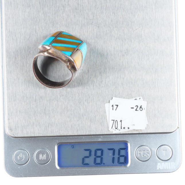 sz13 Big vintage Zuni sterling silver turquoise/shell channel inlay men's ring