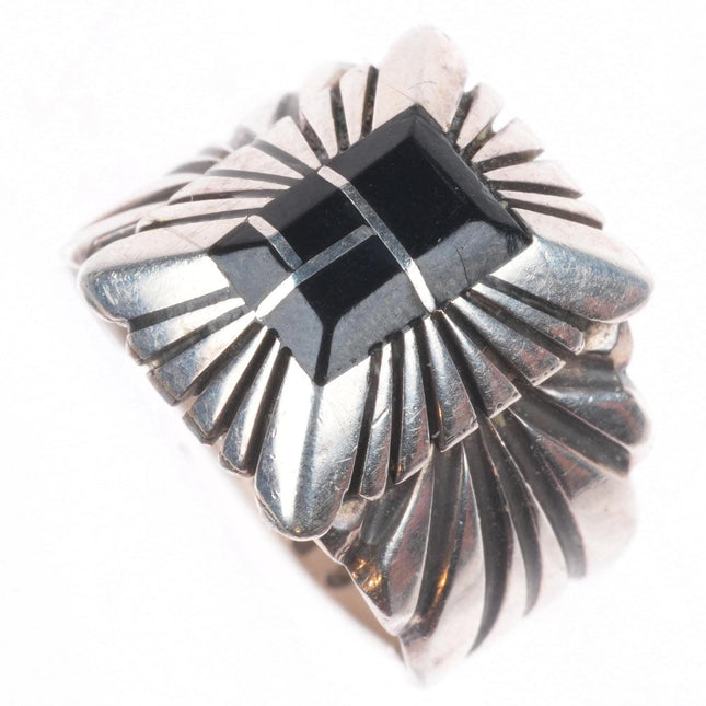 sz7 Chester Benally Navajo sterling silver onyx channel inlay ring