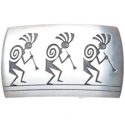 Ramon Dalangyawma Hopi Overlay Kokopelli dancers sterling silver belt buckle