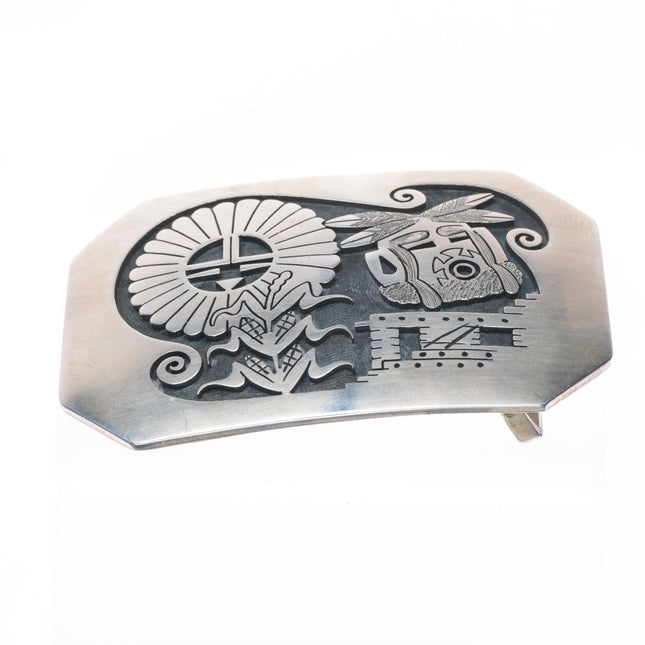 Gary-Elsie Yoyokie Hopi/Zuni sterling silver Kachina/korn figures belt buckle