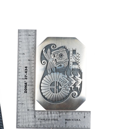 Gary-Elsie Yoyokie Hopi/Zuni sterling silver Kachina/korn figures belt buckle