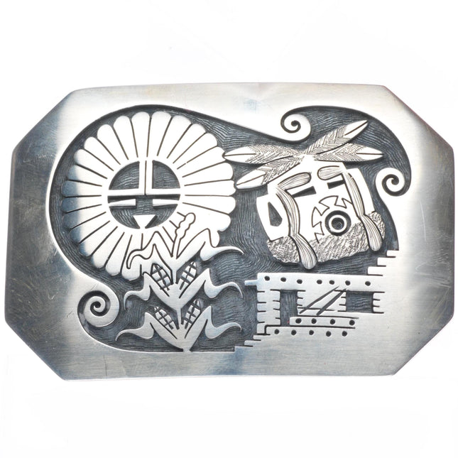 Gary-Elsie Yoyokie Hopi/Zuni sterling silver Kachina/korn figures belt buckle