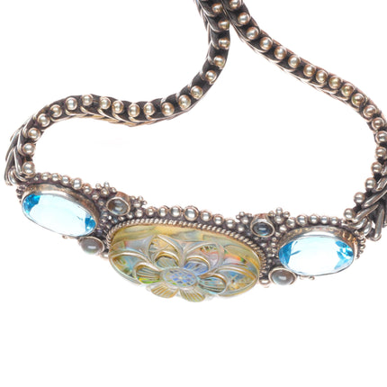 Stephen Dweck Blue Topaz carved quartz/abalone sterling silver necklace/earrings