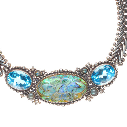 Stephen Dweck Blue Topaz carved quartz/abalone sterling silver necklace/earrings