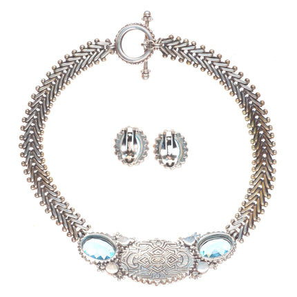 Stephen Dweck Blue Topaz carved quartz/abalone sterling silver necklace/earrings