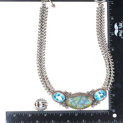 Stephen Dweck Blue Topaz carved quartz/abalone sterling silver necklace/earrings
