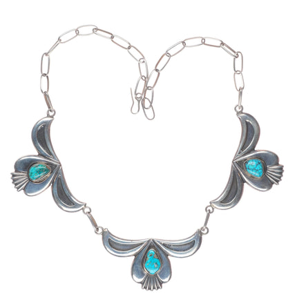 Heavy vintage Navajo sterling silver 3 stone turquoise station necklace