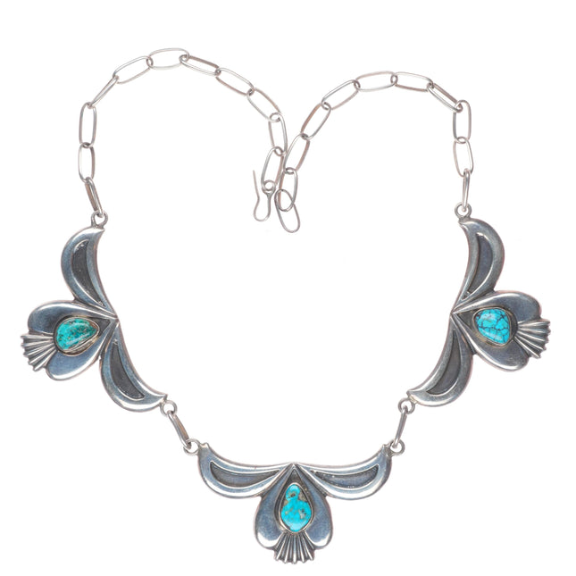 Heavy vintage Navajo sterling silver 3 stone turquoise station necklace