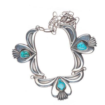 Heavy vintage Navajo sterling silver 3 stone turquoise station necklace