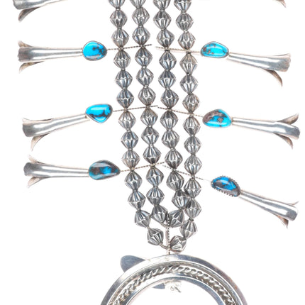 Bisbee Turquoise Vintage Navajo sterling silver squash blossom necklace 27"