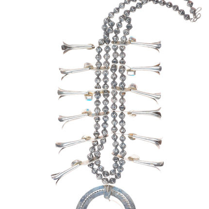 Bisbee Turquoise Vintage Navajo sterling silver squash blossom necklace 27"