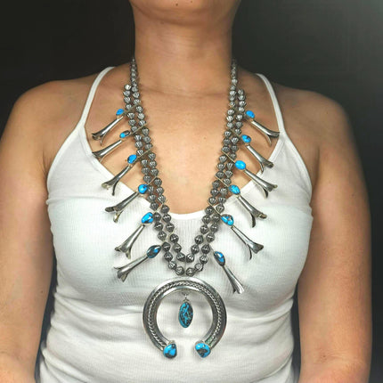 Bisbee Turquoise Vintage Navajo sterling silver squash blossom necklace 27"