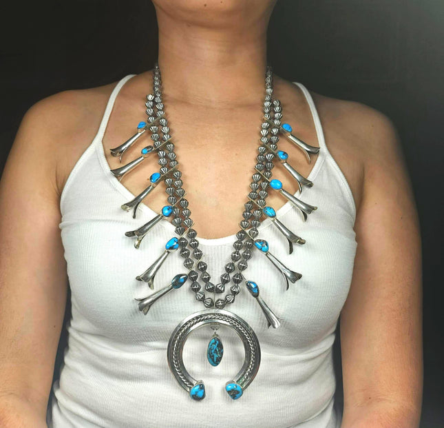Bisbee Turquoise Vintage Navajo sterling silver squash blossom necklace 27"