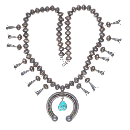 Vintage Navajo sterling silver squash blossom necklace w/turquoise naja