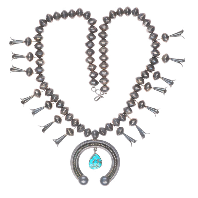 Vintage Navajo sterling silver squash blossom necklace w/turquoise naja