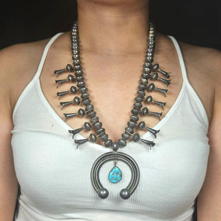 Vintage Navajo sterling silver squash blossom necklace w/turquoise naja