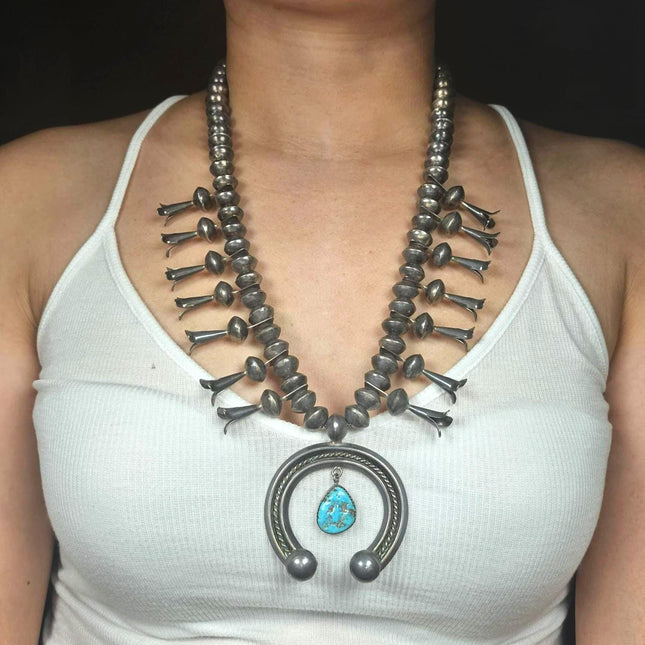 Vintage Navajo sterling silver squash blossom necklace w/turquoise naja
