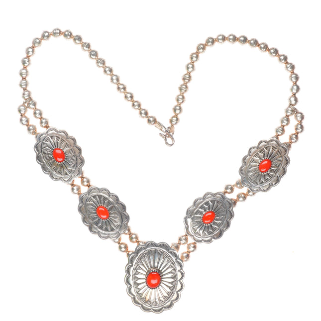 Vintage Tim Guerro Navajo sterling silver coral concho style beaded necklace