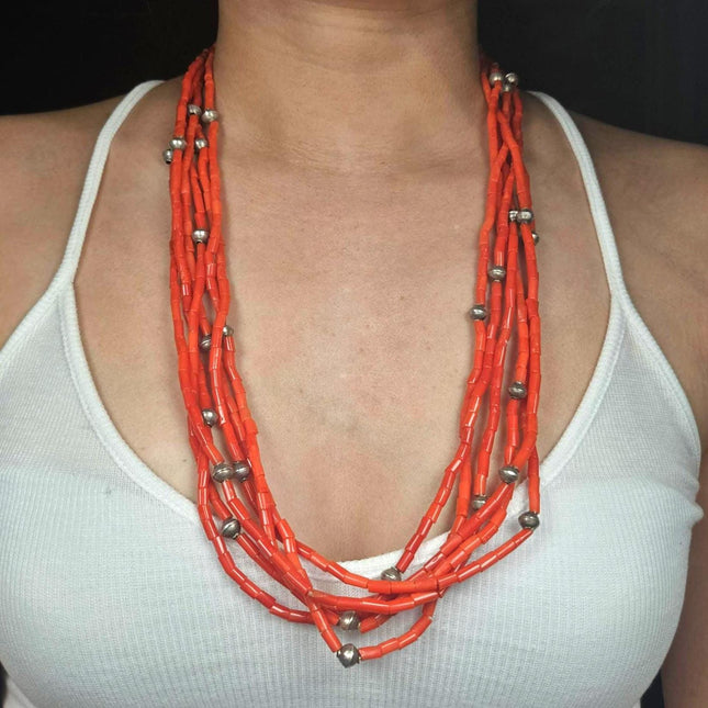 27" Vintage Santo Domingo natural red coral sterling silver beaded necklace