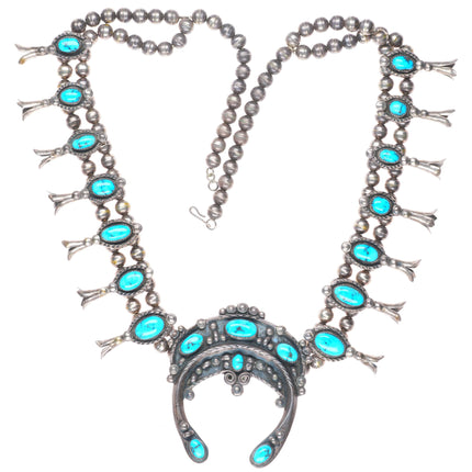 Vintage Jimmie Long Navajo sterling silver turquoise squash blossom necklace 30"