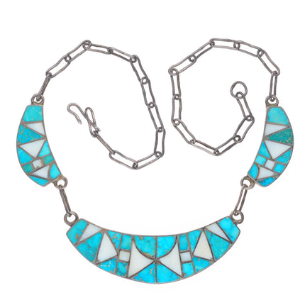 Vintage Zuni sterling silver high grade turquoise/shell channel inlay necklace
