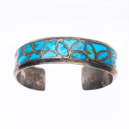 6" Vintage Zuni sterling silver fishscale turquoise inlay cuff bracelet
