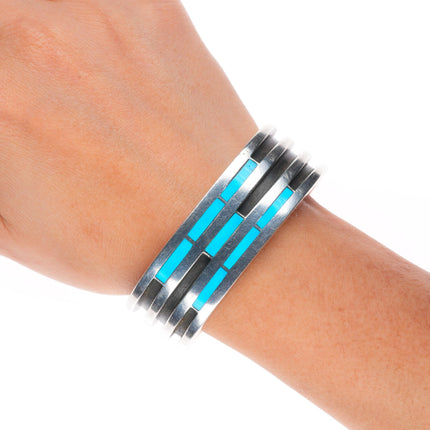 6.4" Kee Joe Benally Navajo sterling silver turquoise inlay cuff bracelet