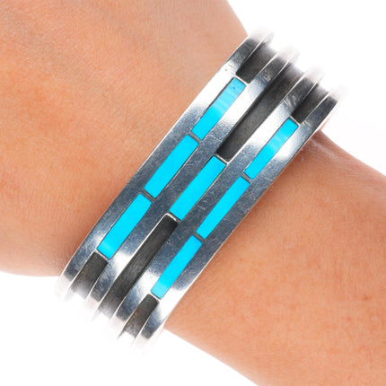 6.4" Kee Joe Benally Navajo sterling silver turquoise inlay cuff bracelet