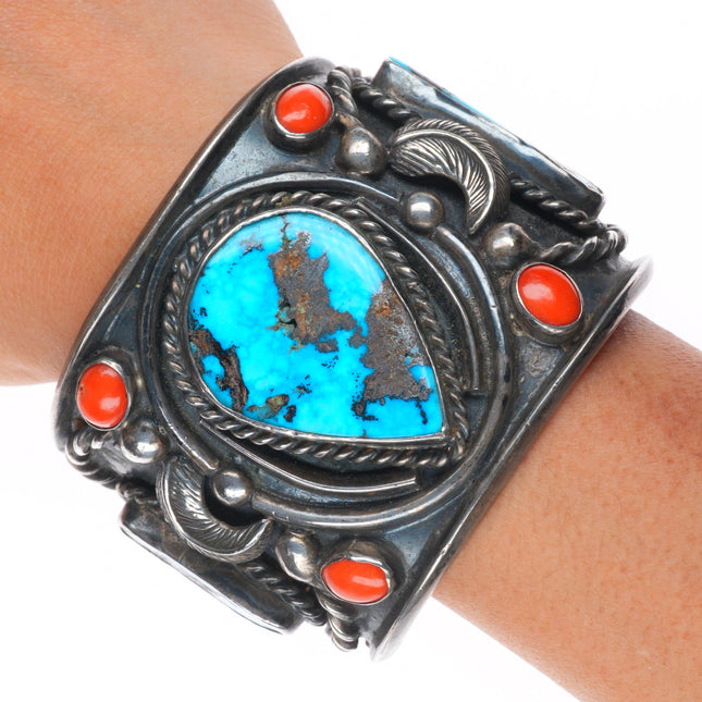 7.1" Huge vintage Navajo sterling silver turquoise/coral cuff bracelet