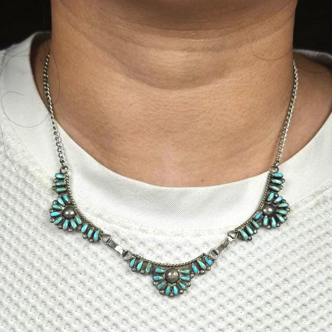 Vintage Zuni sterling silver turquoise petit point cluster necklace