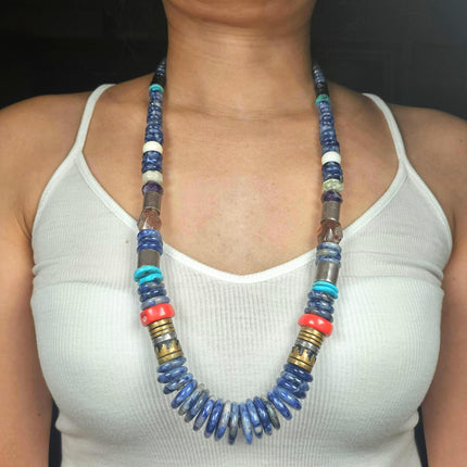 Tommy Singer Navajo sterling silver, Brass, Sodalite, turquoise, coral necklace