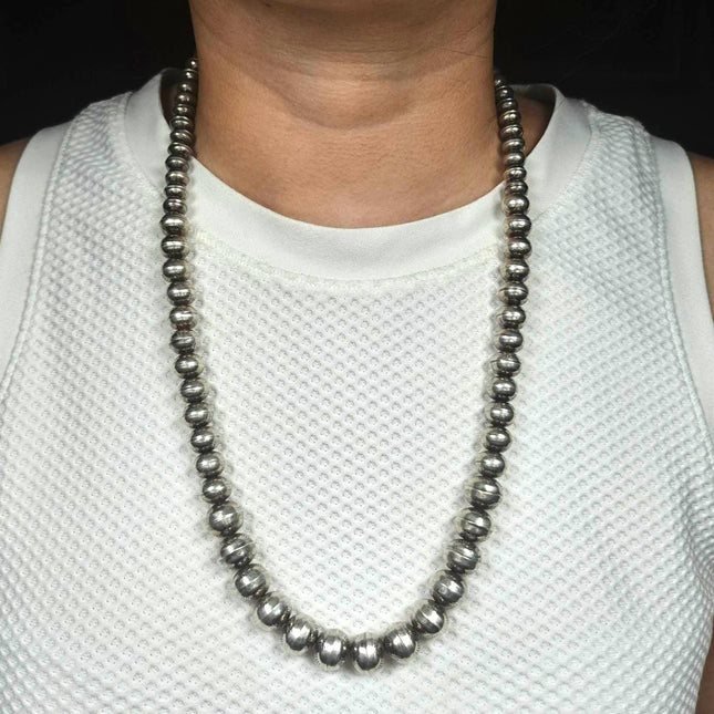 24.5" Vintage Navajo Pearls hand stamped sterling silver beaded necklace
