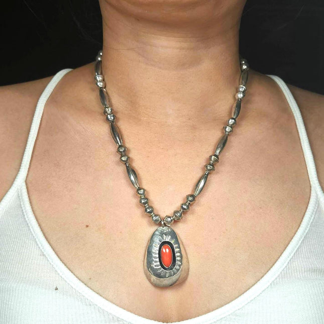 19.5" Vintage Navajo sterling silver coral shadowbox beaded pendant necklace