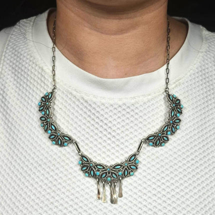 Donnie & Lenora Dosedo Zuni sterling silver turquoise petit point bib necklace