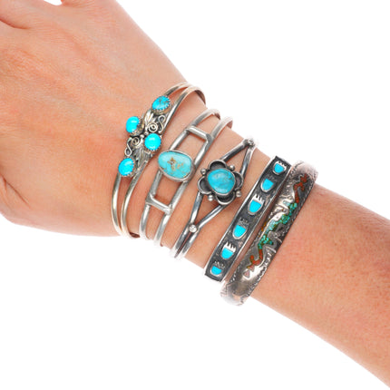 6.25" Vintage Navajo sterling silver turquoise/chip inlay cuff bracelet lot