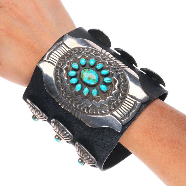 Vintage Navajo sterling silver turquoise cluster heavy Ketoh bowguard bracelet