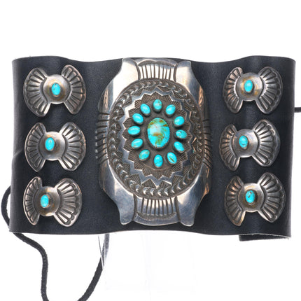 Vintage Navajo sterling silver turquoise cluster heavy Ketoh bowguard bracelet