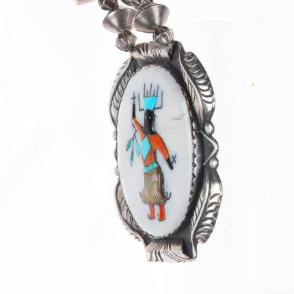 Vintage Zuni Ghan Dancer inlaid sterling silver pendant/beaded necklace