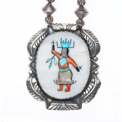 Vintage Zuni Ghan Dancer inlaid sterling silver pendant/beaded necklace
