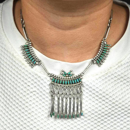A&E Nastacio Zuni vintage sterling silver needlepoint turquoise bib necklace