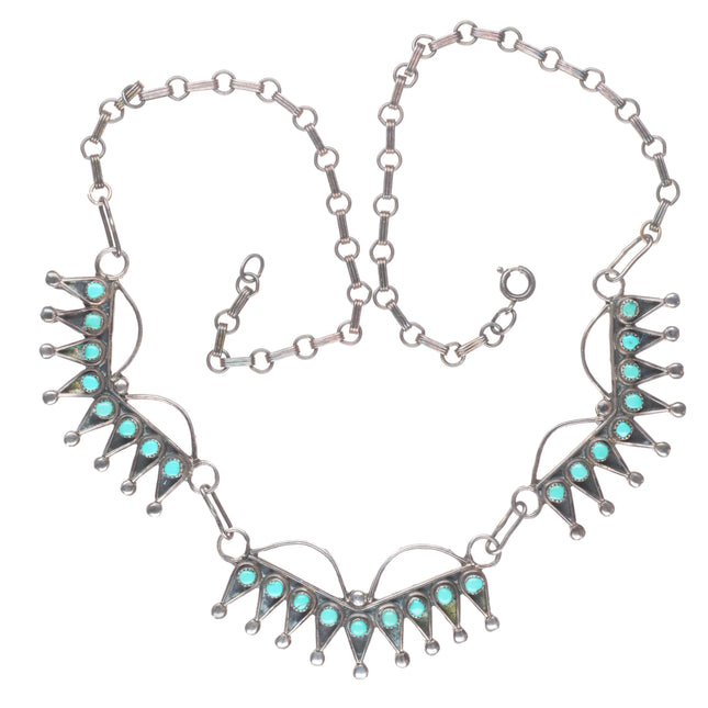 c1950 Vintage Zuni sterling silver snake eye turquoise bib style necklace