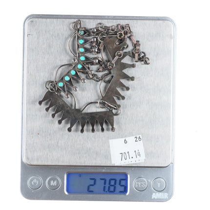 c1950 Vintage Zuni sterling silver snake eye turquoise bib style necklace