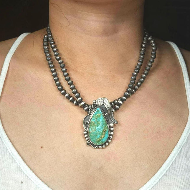 Alfred Martinez Navajo sterling silver beaded pendant necklace with nice turquoise