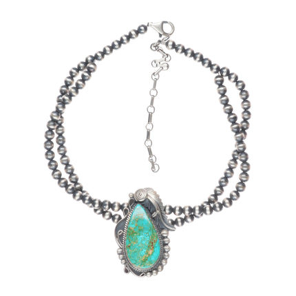 Alfred Martinez Navajo sterling silver beaded pendant necklace with nice turquoise