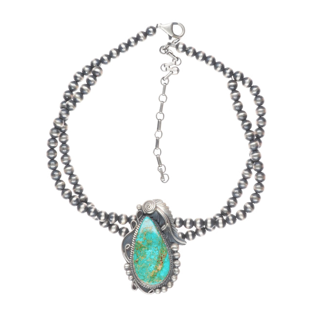 Alfred Martinez Navajo sterling silver beaded pendant necklace with nice turquoise
