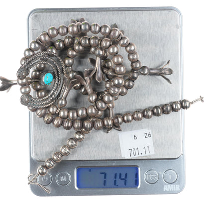 Vintage Navajo sterling silver and turquoise handmade squash blossom necklace